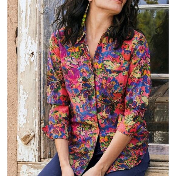 Peruvian Connection Womens Tessa Button Shirt Size S Silk Cotton Abstract Artsy - Picture 2 of 8